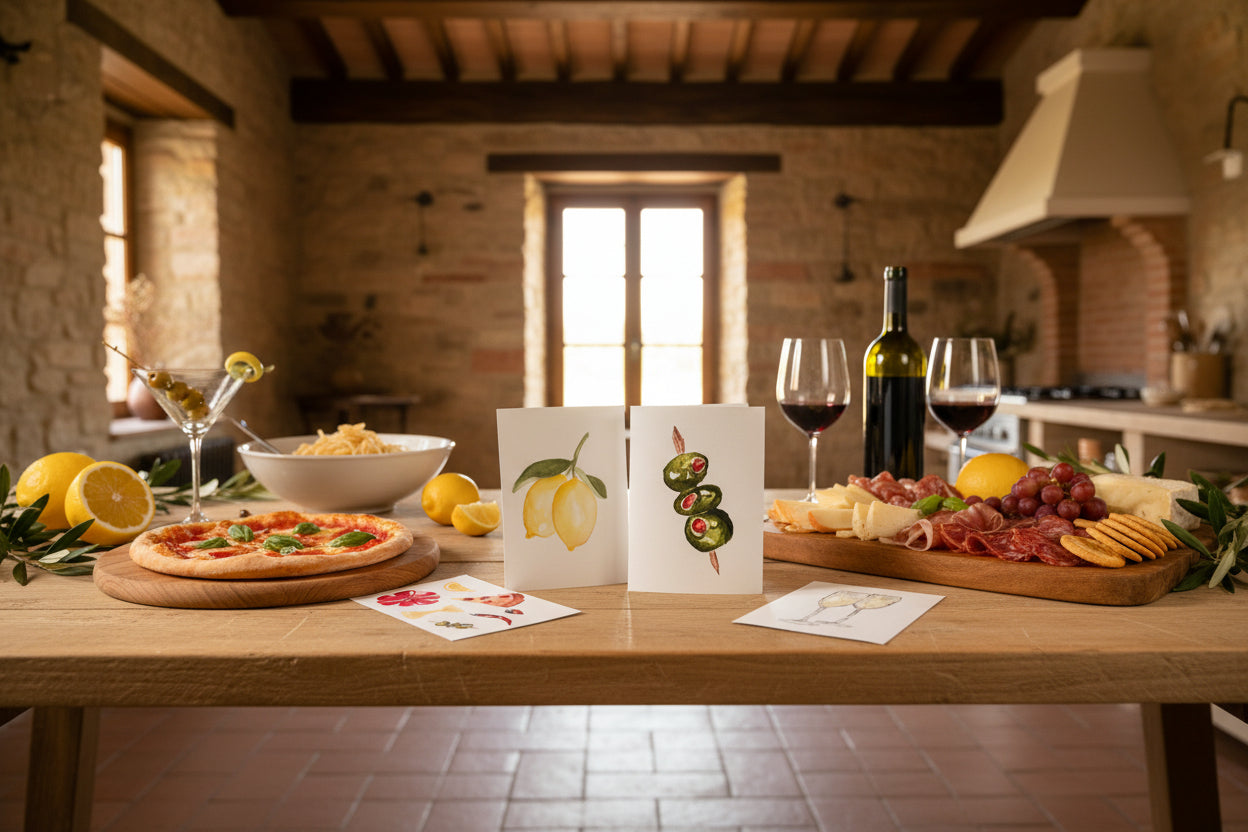 Four cards with food illustrations on a wooden surface
